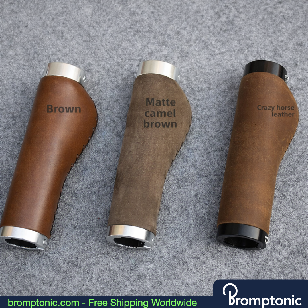 Brompton 128mm Leather Handlebar Grips, Reddish Brown Leathe 1, Bromptonic accessory
