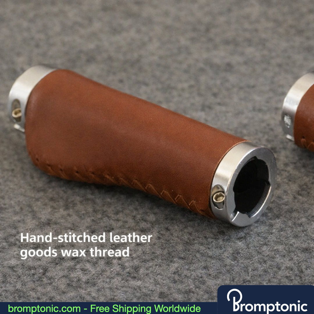 Brompton 128mm Leather Handlebar Grips, Wine Red Leather wit, Bromptonic accessory